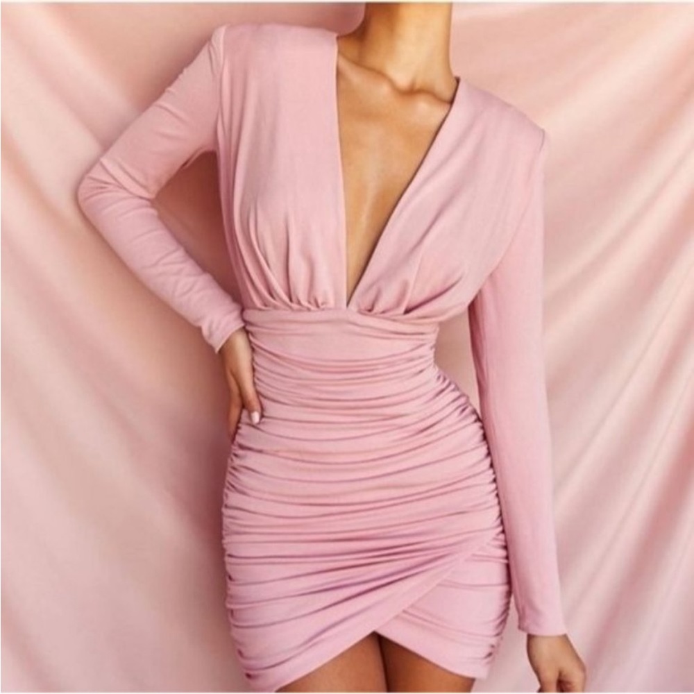 House of CB London Gigiana Long Sleeve Mini Dress Pink Size XS Shoulder Pads